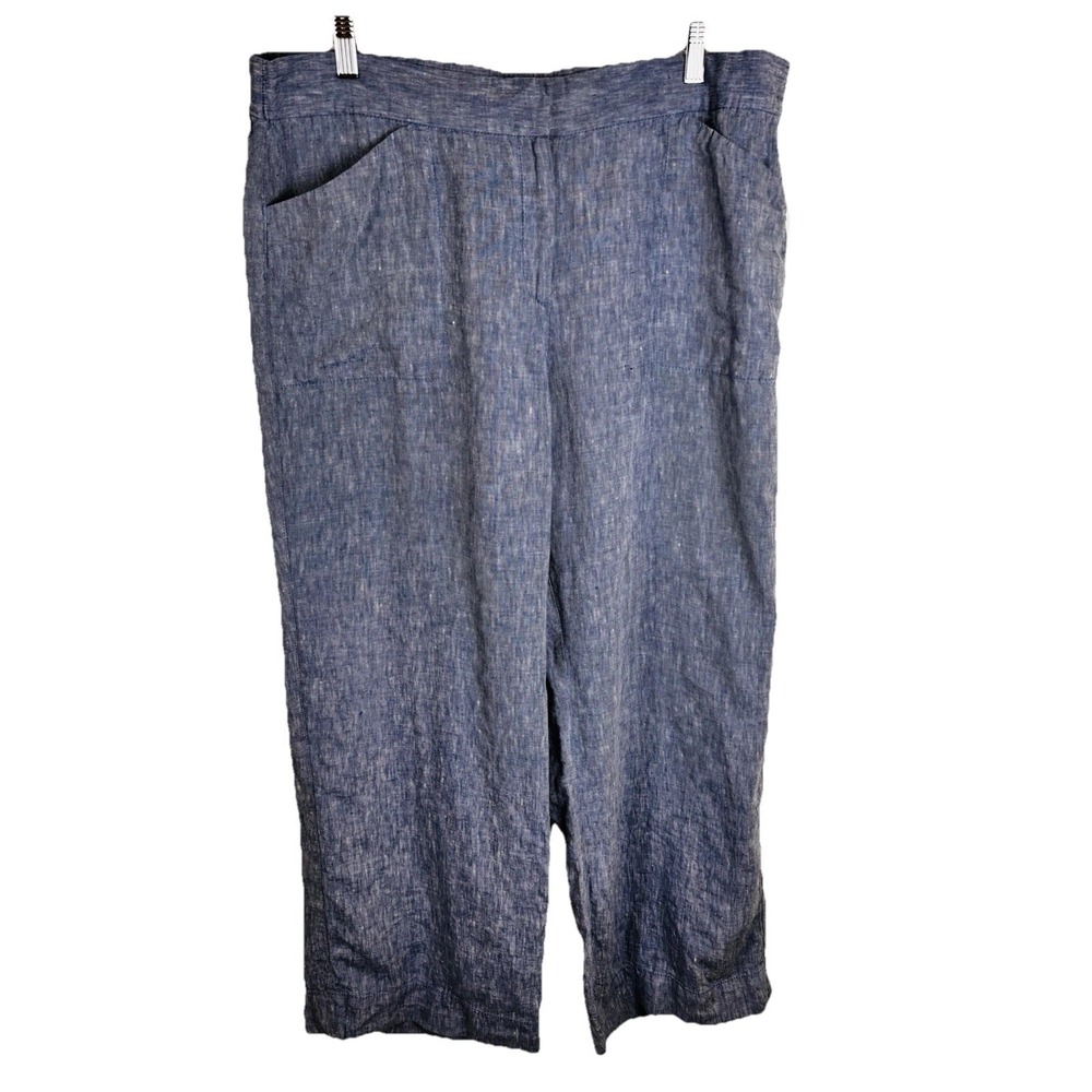Chicos Petite 3 Size XL Blue 100% Linen Wide Leg Pants Elastic Waist